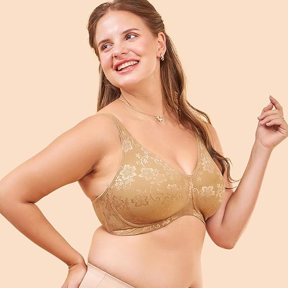 Enamor F135 Plunge Neck Power Jacquard Lift Cotton-Rich Minimizer Bra – Everyday Full Support, Non-Padded, Wirefree, High Coverage